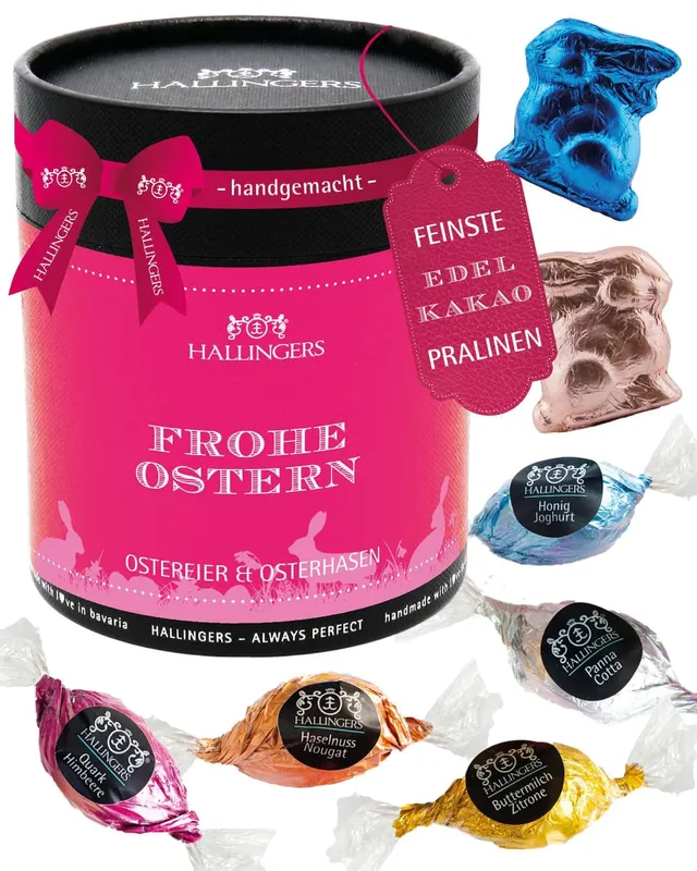 hallingers-pralinen-osterei-frohe-ostern-pink-dose-400g-mix image 1