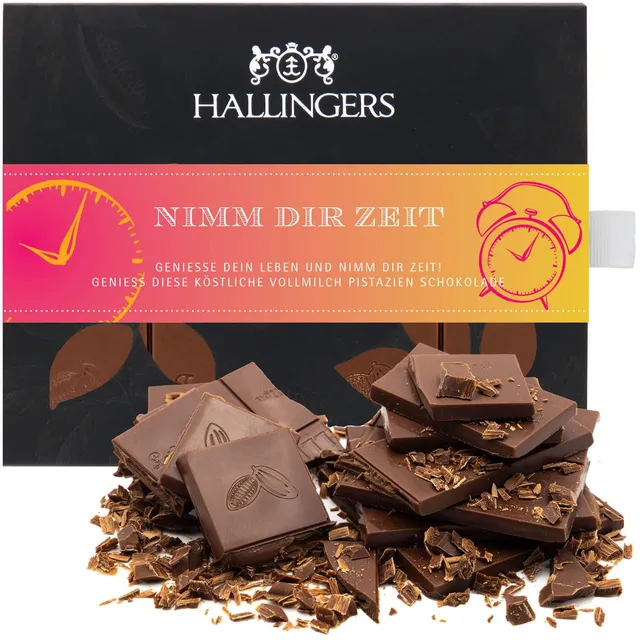 hallingers-schokolade-nimm-dir-zeit-pistazie-amaretto-tafel-90g image 1