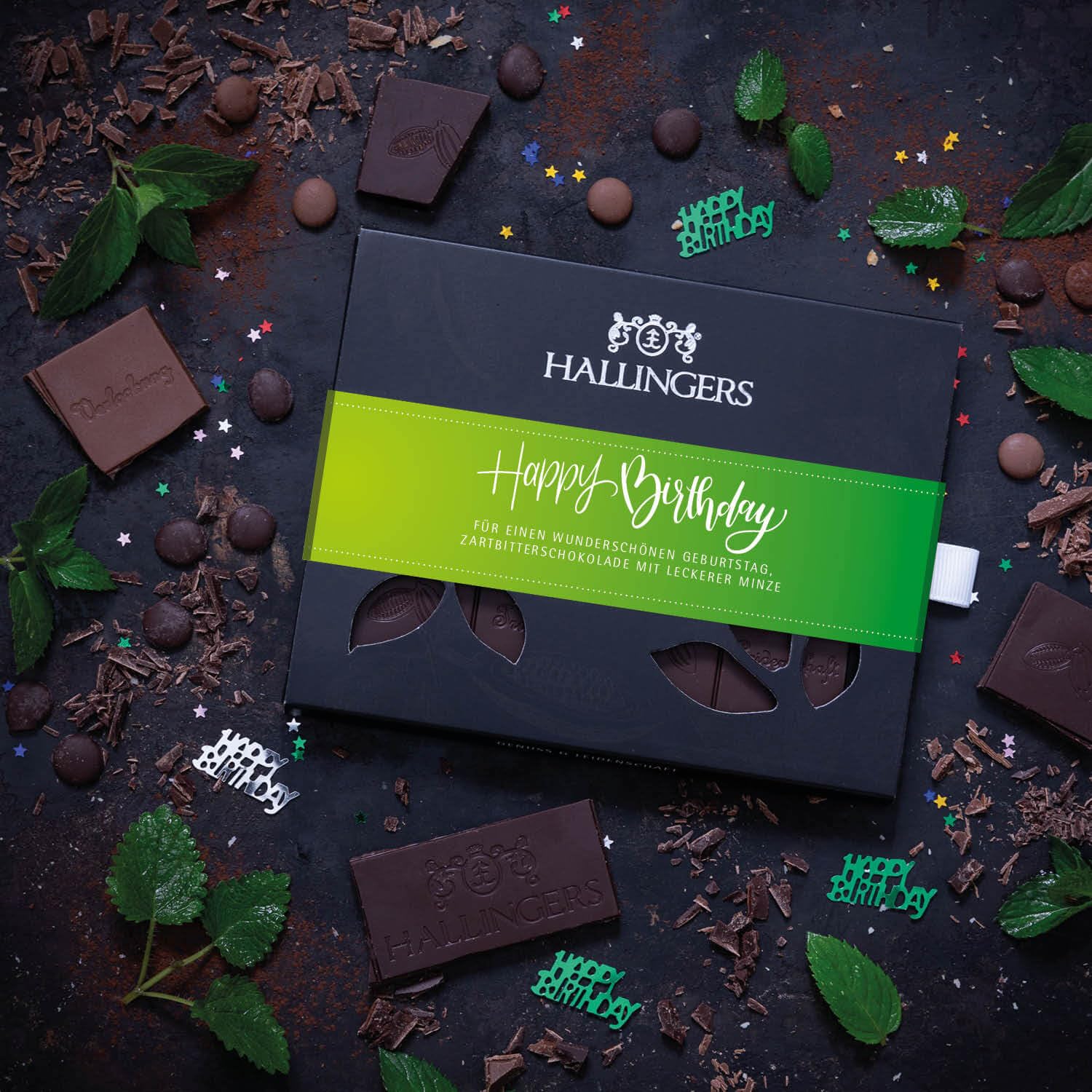 hallingers-schokolade-happy-birthday-green-tafel-minze-vegan-90g image 2