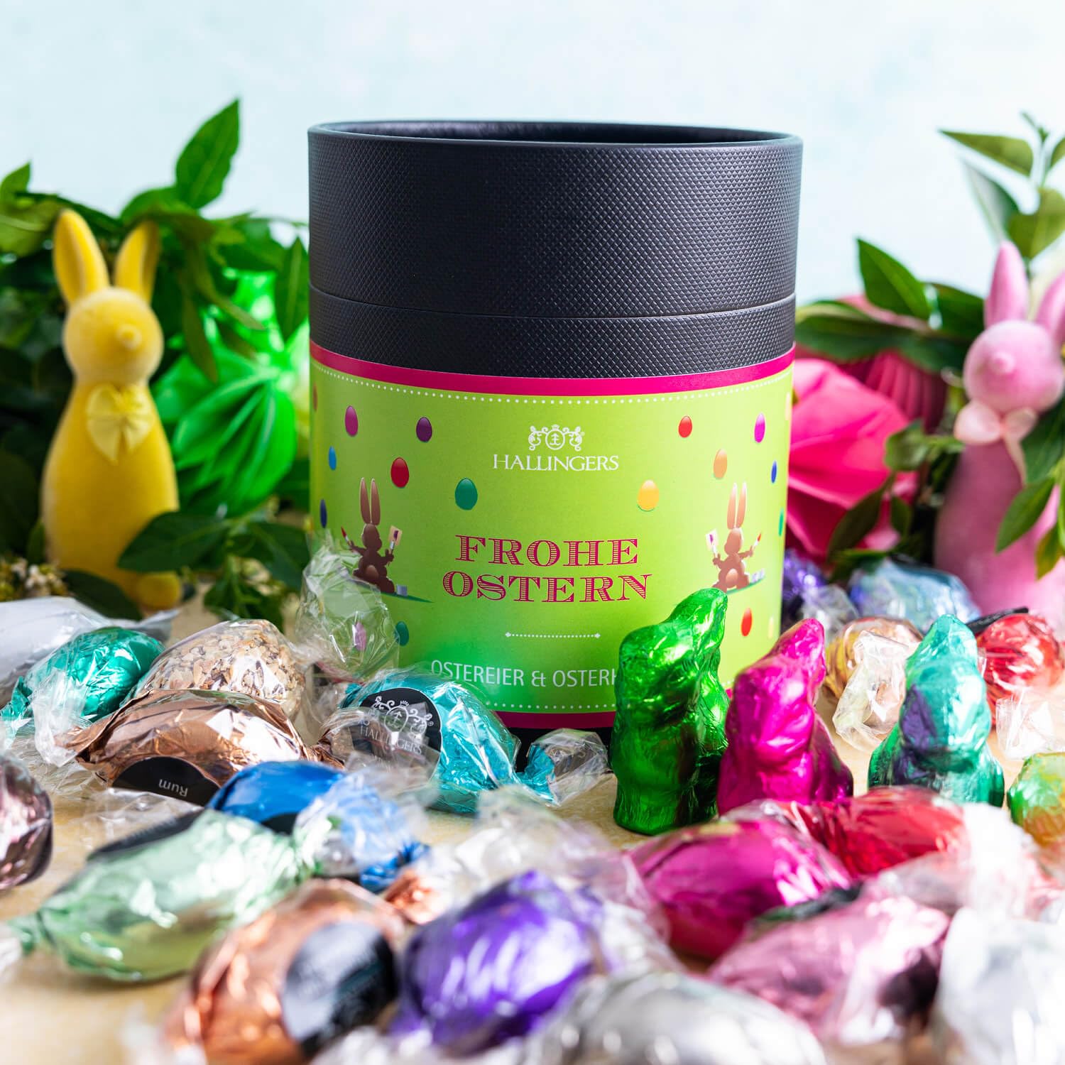 hallingers-pralinen-frohe-ostern-osterei-dose-400g-mit-hasen image 2