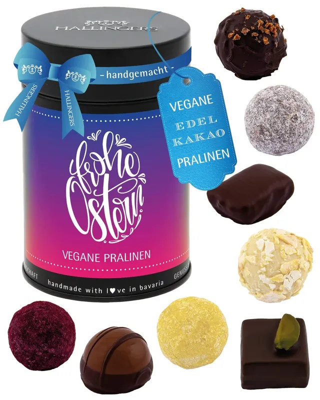 hallingers-pralinen-frohe-ostern-vegane-pralinen-dose-150g image 1
