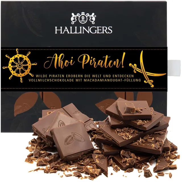 hallingers-ahoi-piraten-schokolade-vollmilch-macadamia-nougat-90g image 1