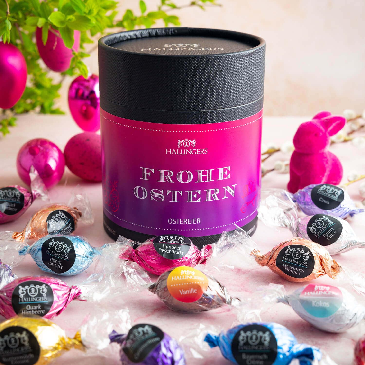 hallingers-pralinen-frohe-ostern-osterei-400g-xxl-geschenkdose image 2