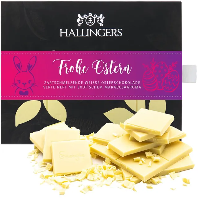 hallingers-schokolade-frohe-ostern-wei-maracuja-90g-ohne-alkohol image 1