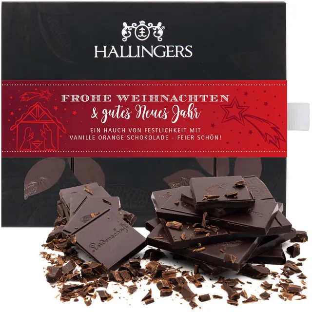 hallingers-schokolade-frohe-weihnacht-tafel-vanille-orange-vegan image 1