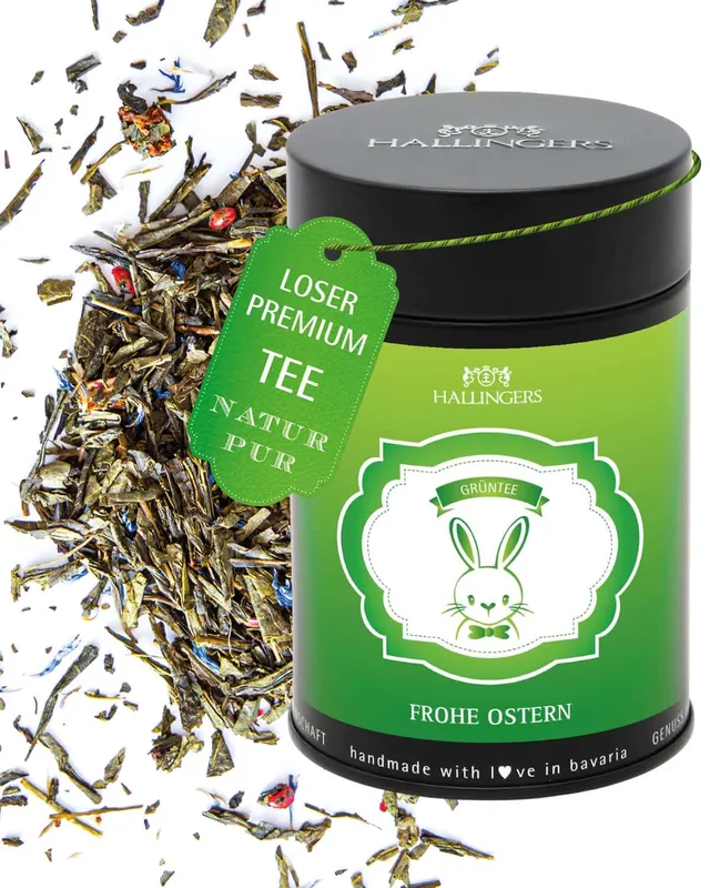 hallingers-tee-gr-ner-frohe-ostern-dose-80g-erdbeer-kornblume-lose image 1