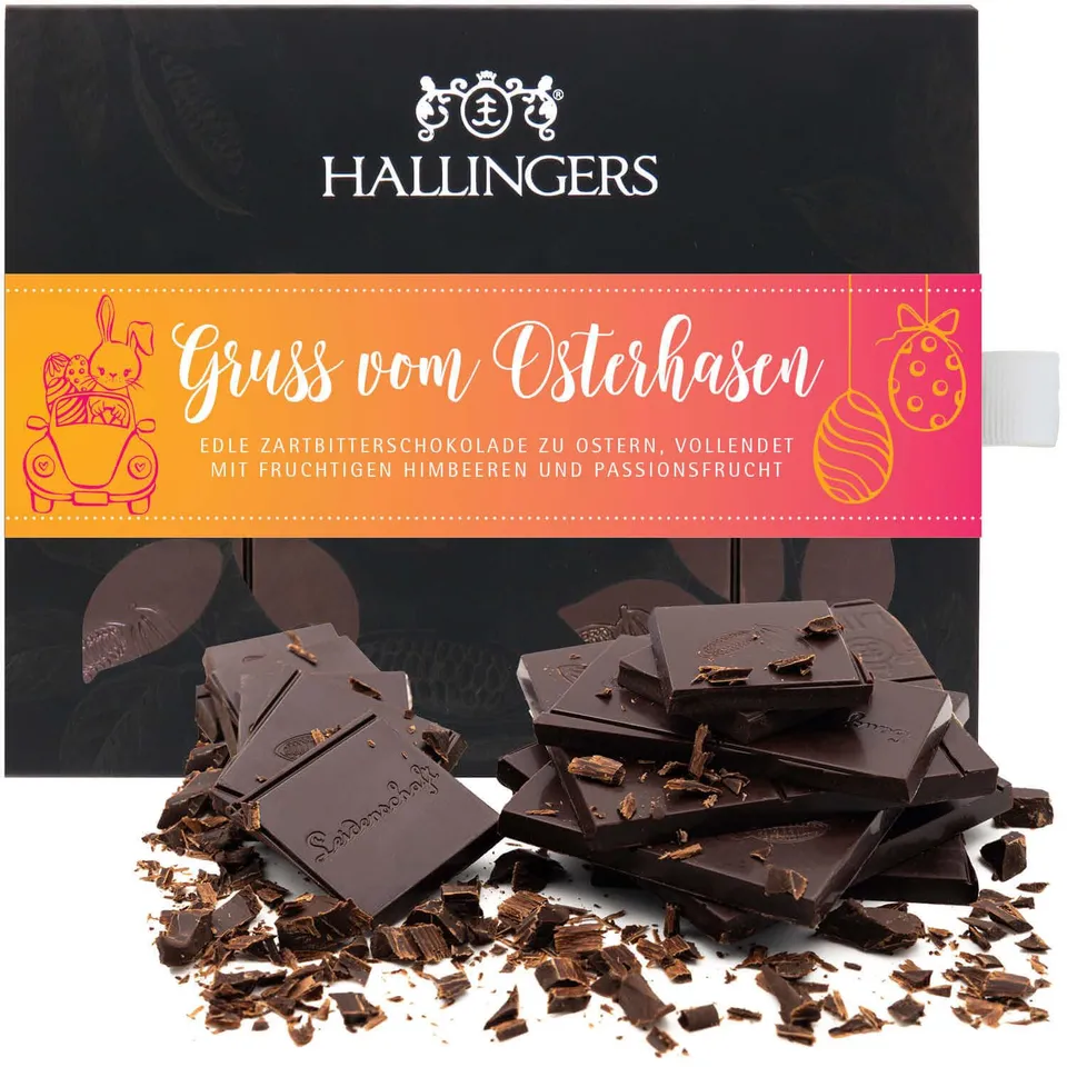 hallingers-gru-vom-osterhasen-schokolade-himbeer-maracuja-90g image 1