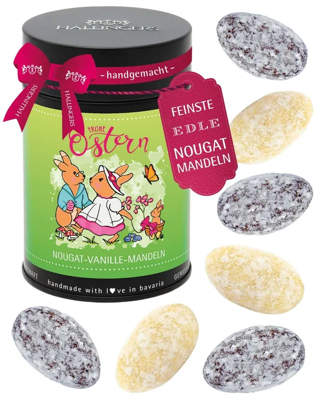 hallingers-schokolade-nougat-mandeln-hasenfamilie-dose-150g-ohne-alkohol image 1