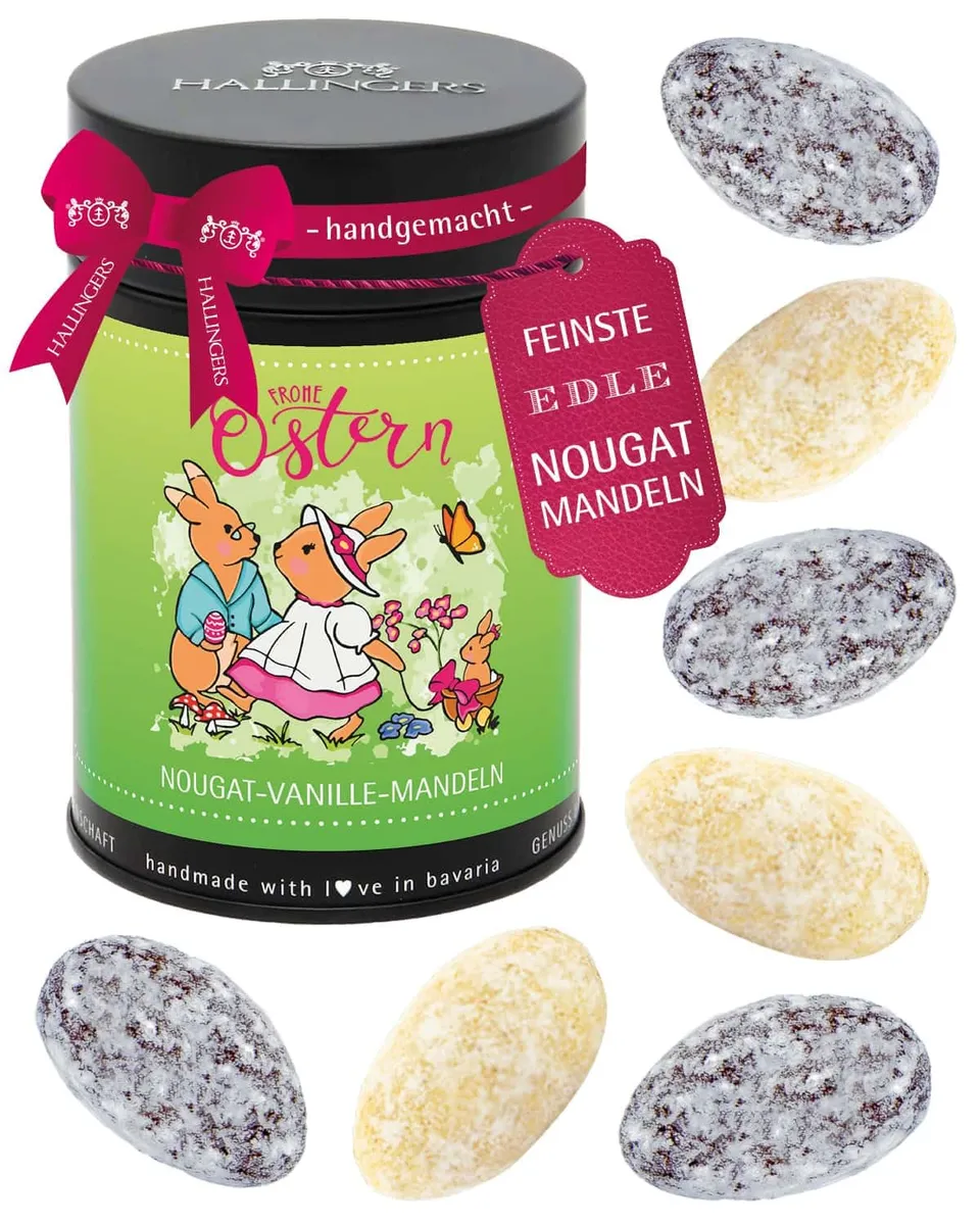 hallingers-schokolade-nougat-mandeln-hasenfamilie-dose-150g-ohne-alkohol image 1