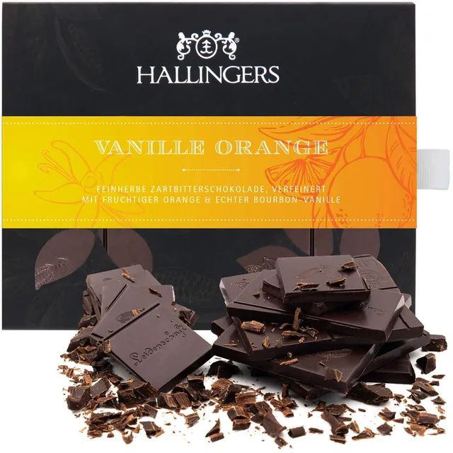hallingers-schokolade-vanille-orange-tafel-zartbitter-vegan-90g image 1