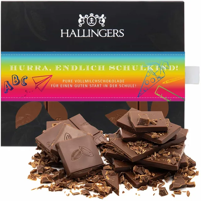 hallingers-schokolade-hurra-endlich-schulkind-tafel-90g-pur image 1