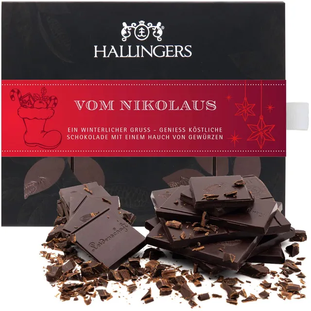 hallingers-vom-nikolaus-schokolade-zartbitter-gew-rz-vegan-90g image 1