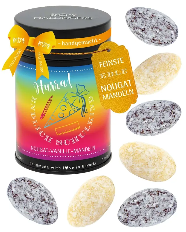 hallingers-schokolade-hurra-endlich-schulkind-nougat-mandeln-150g image 1