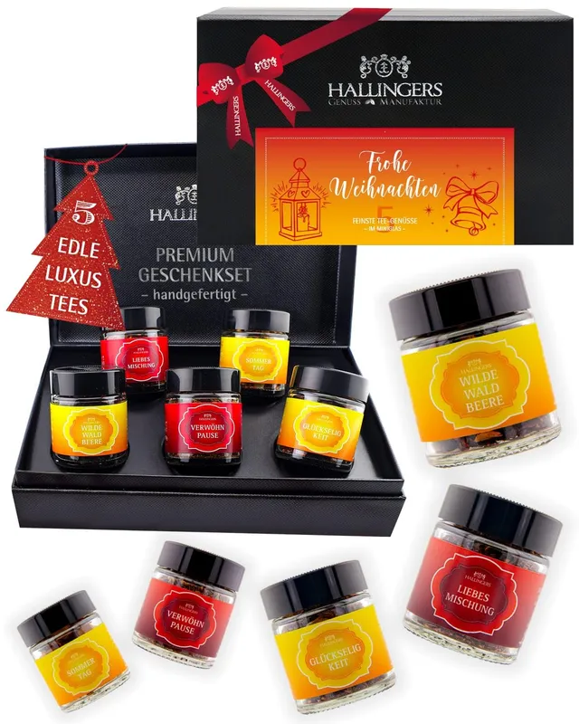 hallingers-tee-geschenkset-frohe-weihnachten-5-sorten-50g image 1
