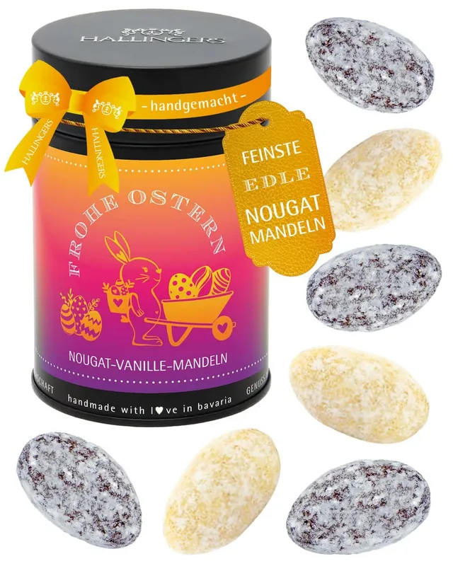 hallingers-nougat-mandeln-frohe-ostern-150g-dose image 1
