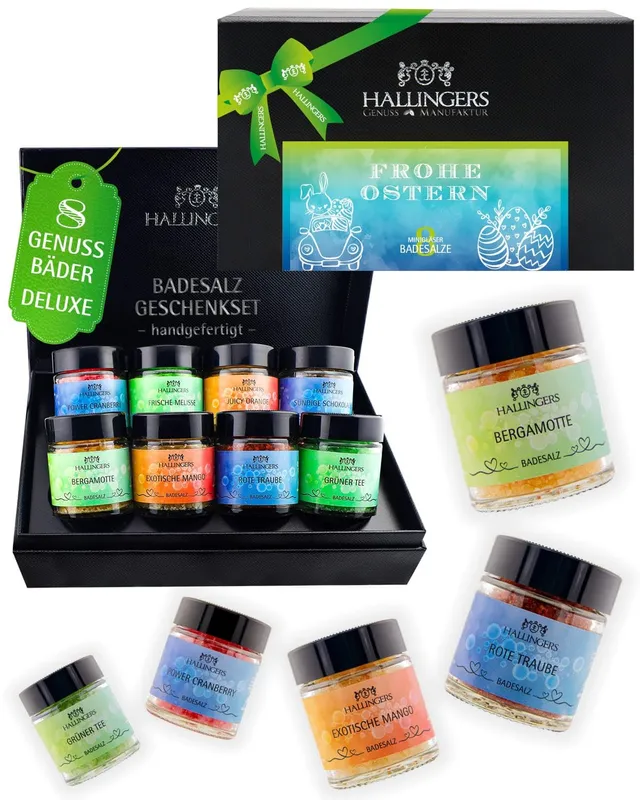 hallingers-wellness-badesalze-frohe-ostern-blue-280g-8er-box image 1