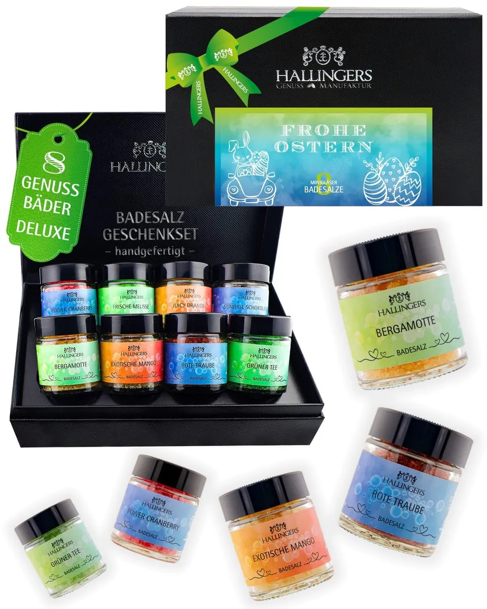hallingers-wellness-badesalze-frohe-ostern-blue-280g-8er-box image 1