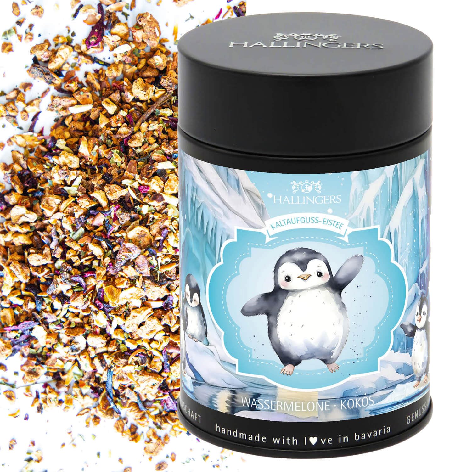 hallingers-tee-pinguin-eistee-cold-brew-dose-125g-erdbeer-kokos image 1