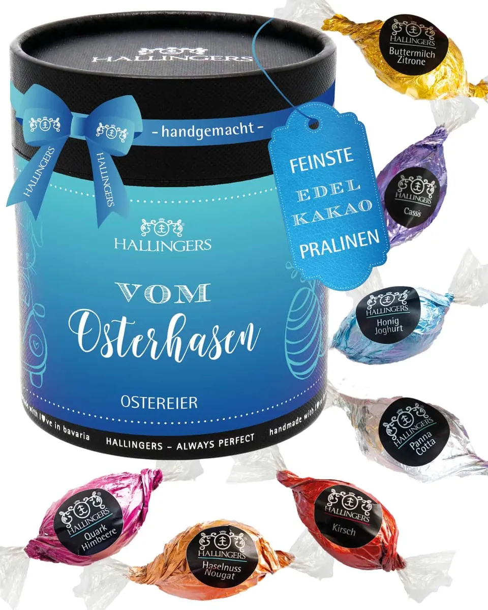 hallingers-vom-osterhasen-pralinen-osterei-dose-400g-ohne-alkohol image 1
